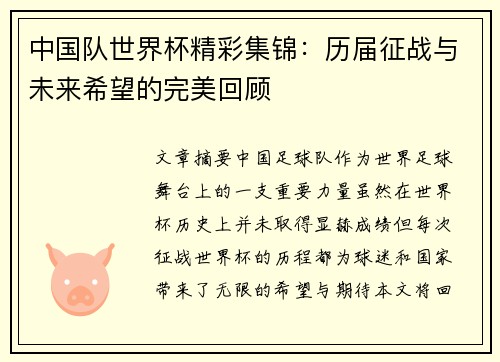 中国队世界杯精彩集锦：历届征战与未来希望的完美回顾